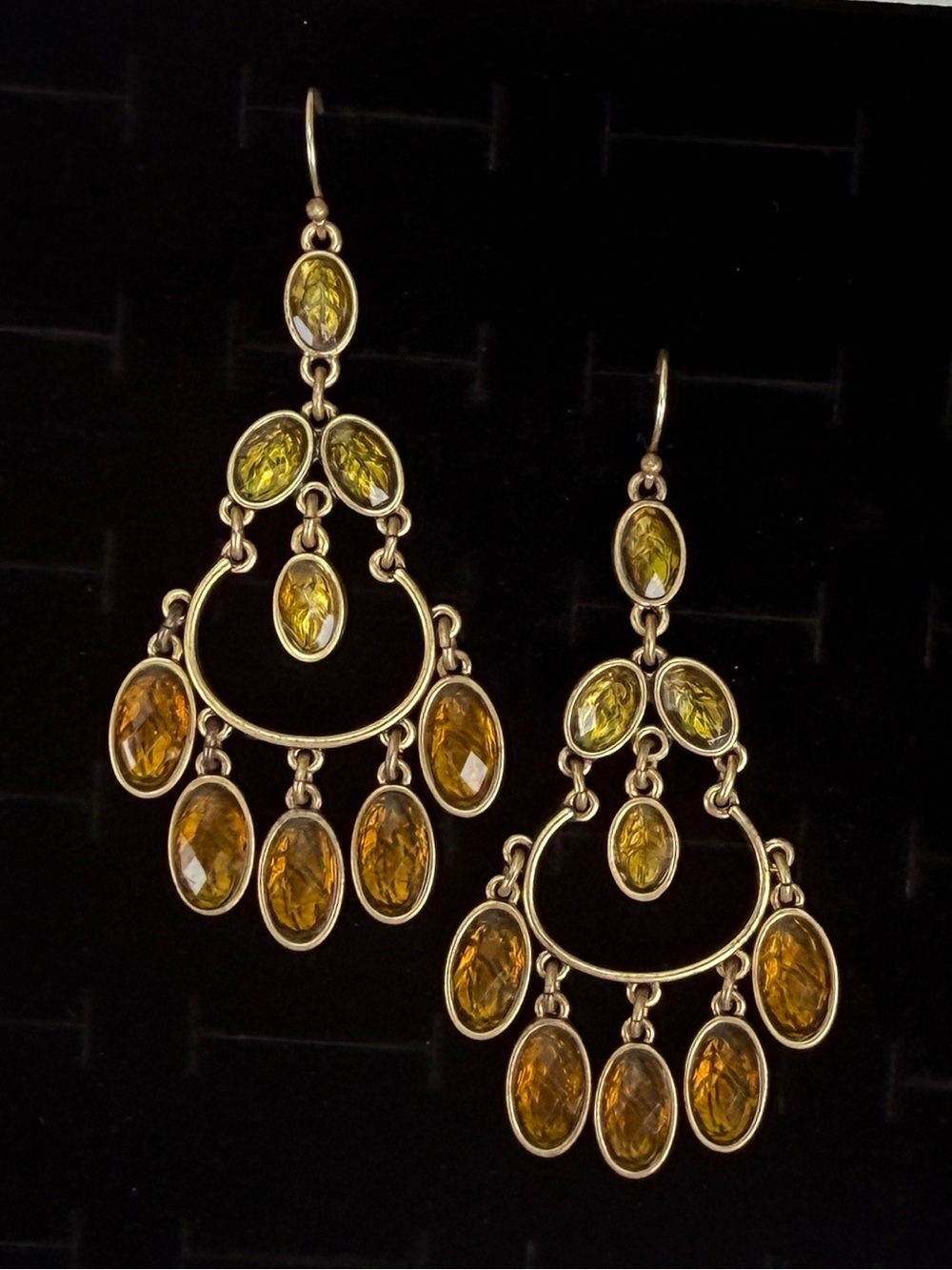 Vintage, aged, goldtone smoky amber color, hinged chandelier, pierced earrings